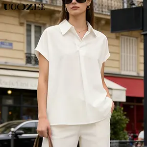UOOZEE Women's Polyester Batwing Sleeve Loose Solid Color Lapel Collar Basic Minimalist Blouse - Slightly Sheer, Non-Elastic, Fitted Option Available