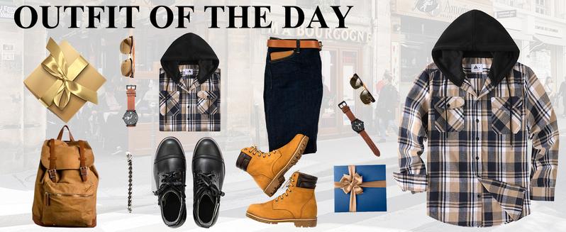 ZITY Men's Brown Plaid Hooded Flannel Shirt Long Sleeve Button Down with Pocket Casual Lightweight Jacket Menswear Tops Checked- Sweatshirts Wetsuit