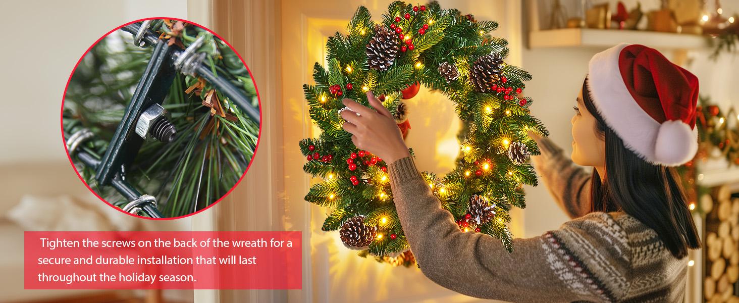 24 Inch Prelit Christmas Wreath, Artificial Christmas Wreath for Front Door with LED Lights, Pine Cones, Pine Needles, and Red Berries, Reef for Door Window Mantel Indoor/Outdoor Home Decoration