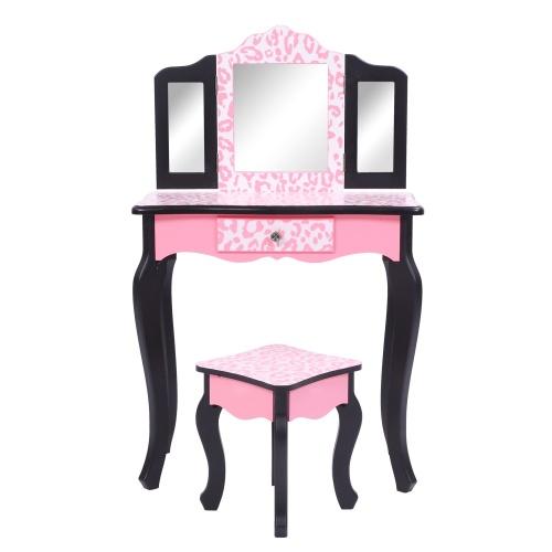 Karlhome Kids Vanity Set with Mirror and Lights and Stool, 5 Storage Drawers, Pretend Play Princess Makeup Desk Dressing Table and Stool Set for Little Girls Age 3+, Macaroon Pink