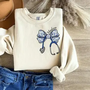 Custom Nurse Stethoscope Bow Sweatshirt & T-shirt, Personalized Healthcare Gift, Unisex Pullover for Men and Women, Daily Casual Cotton Apparel Made In The USA		