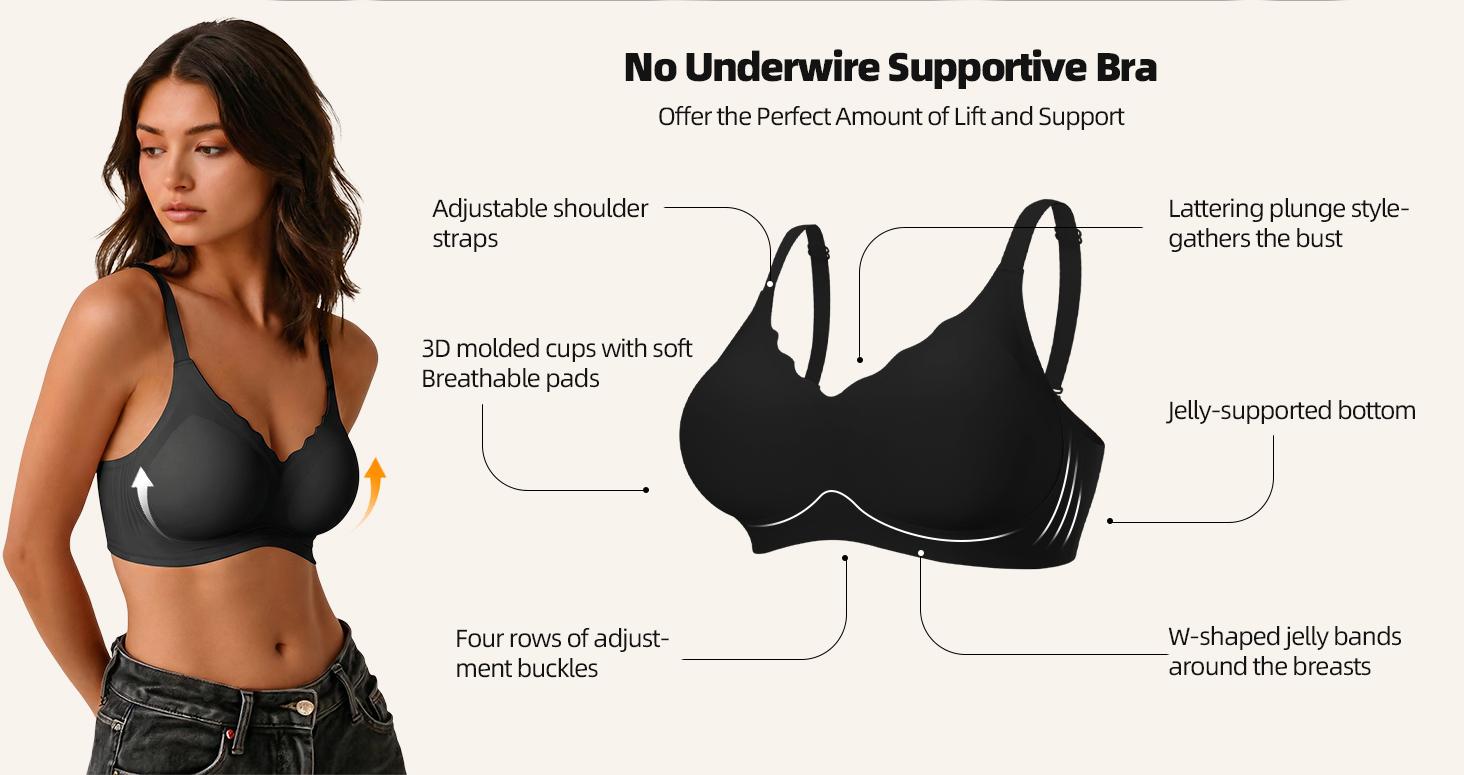 Women's Black jelly bras No Underwire T-Shirt bra Seamless Comfortable Soft Wireless Basic Bridal One Piece Minimalist Everyday Wear with Adjustable Straps Vneck Breathable push up bra Women's Black jelly bras No Underwire T-Shirt bra Seamless Comfortable Soft Wireless Basic Bridal One Piece Minimalist Everyday Wear with Adjustable Straps Vneck Breathable push up bra