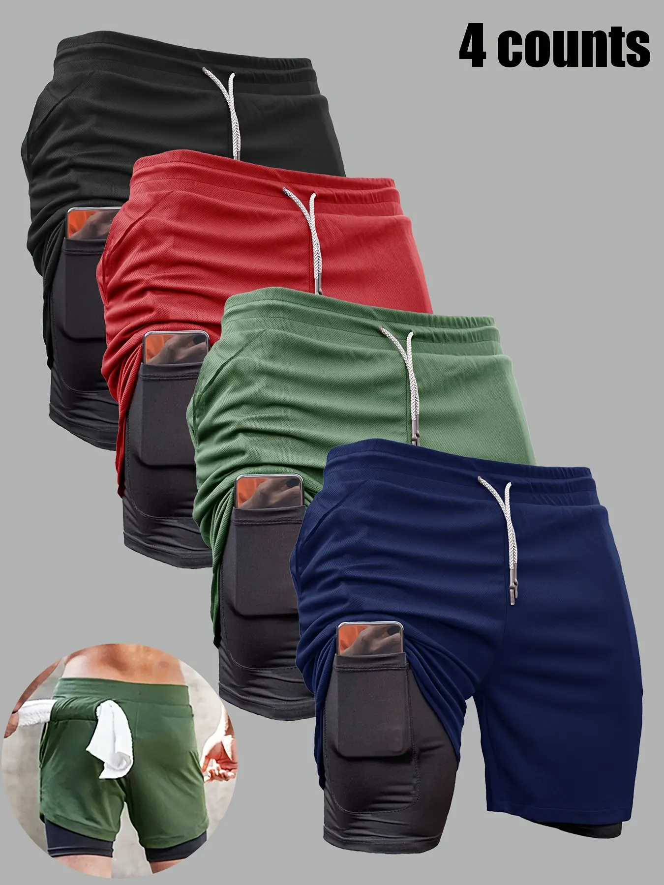 Men’s 4-Pack Summer Outdoor Sports Beach Quick-Dry Double-Layer Casual Stretch Bermuda Shorts, Suitable for Everyday Wear