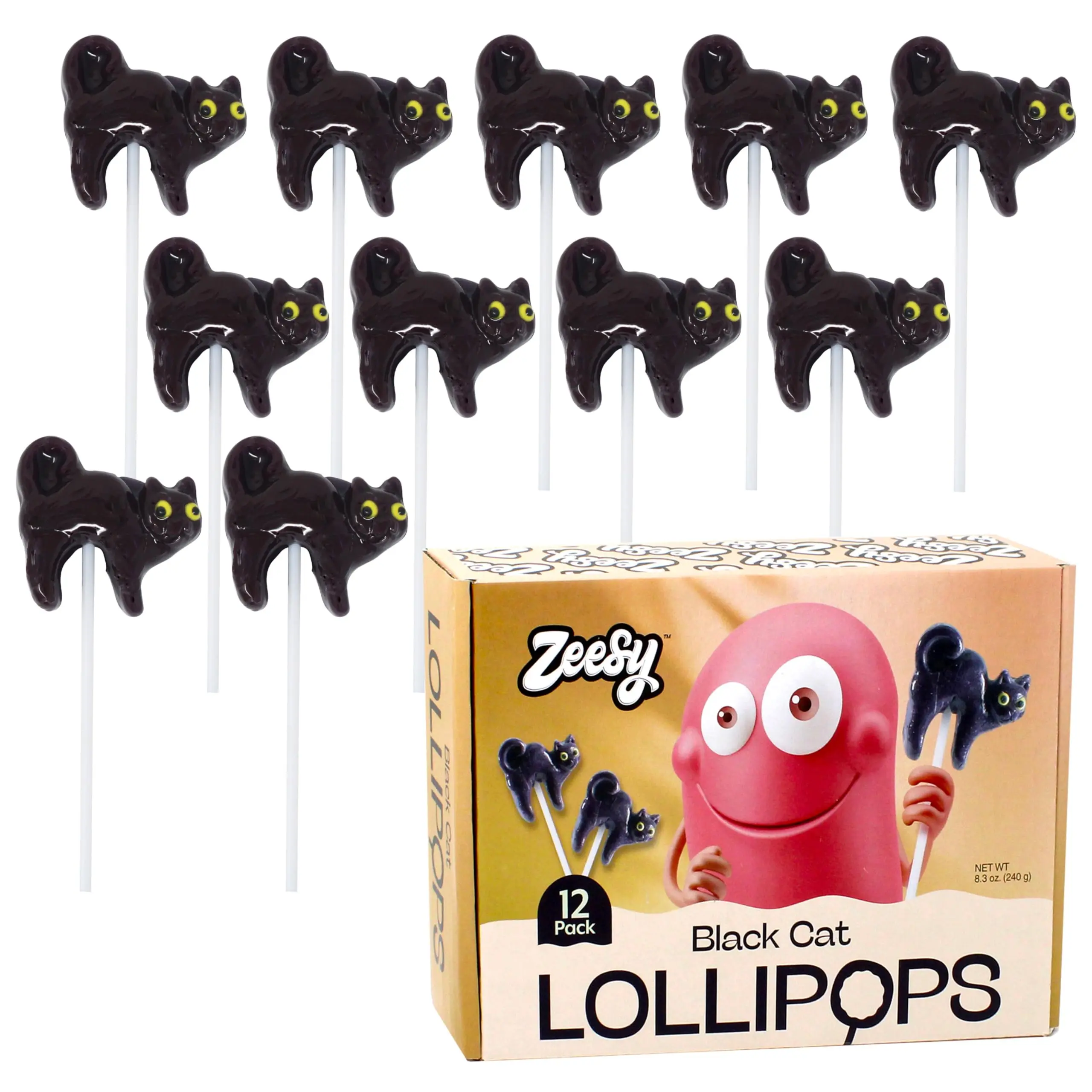Zeesy Black Cat Halloween Lollipops - 12 Pack Individually Wrapped Snack Candies, Sweet Treats for Trick-or-Treat, Party Favors & Assorted Candy Bowl