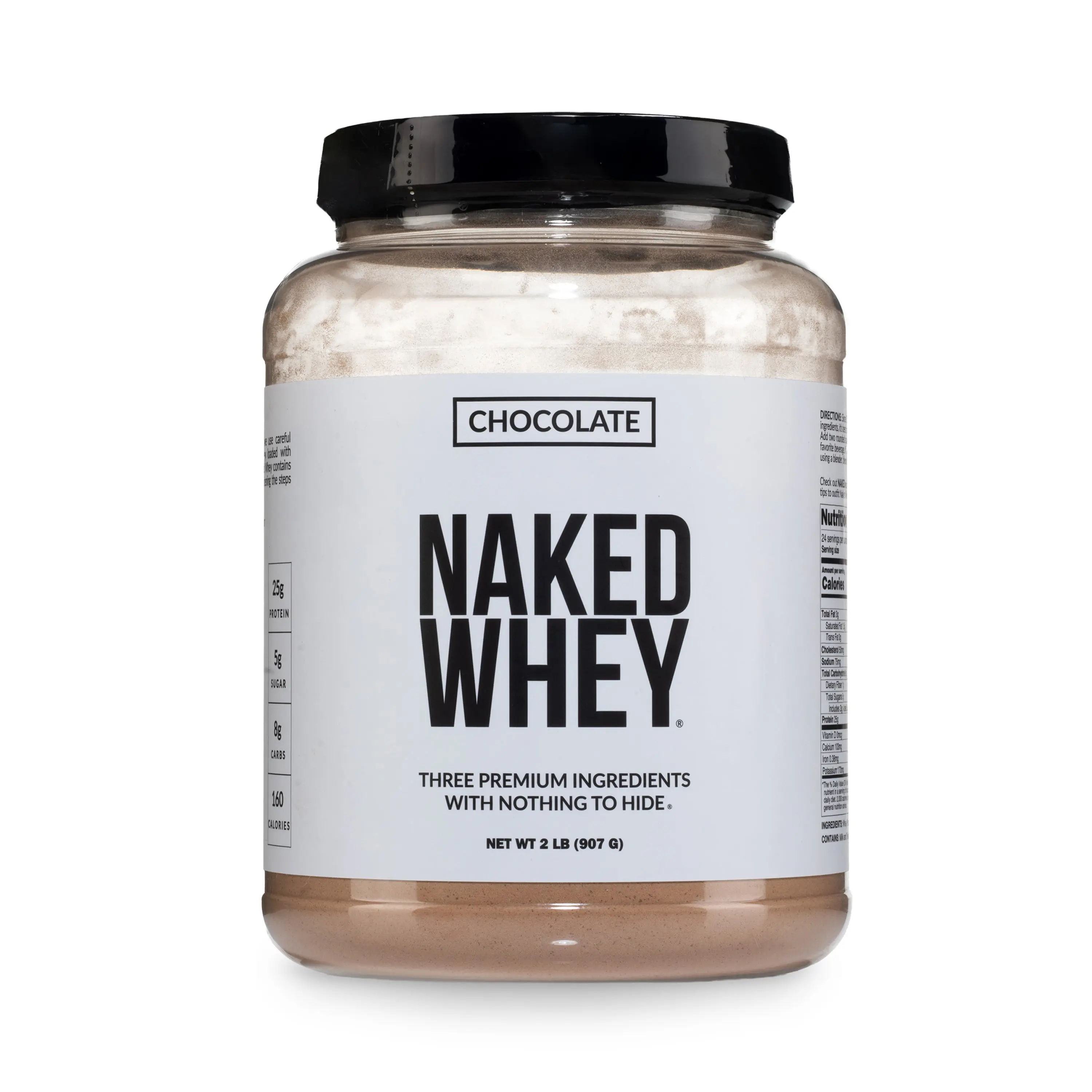 Naked Whey Chocolate Protein Powder - 2LB Grass-Fed, Non-GMO, No Additives, 25g Protein, 5.9g BCAAs - Only 3 Ingredients