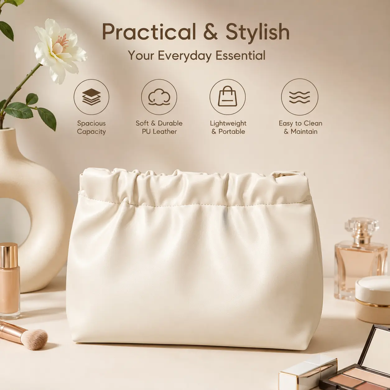 1 Count Solid Colors PU Leather Vanity Bag - Travel Cosmetic Pouch with Spring Snaps Closure, Portable Toiletry Bags Organizer for Makeup & Small Daily Accessories, Travel Cosmetic Bag