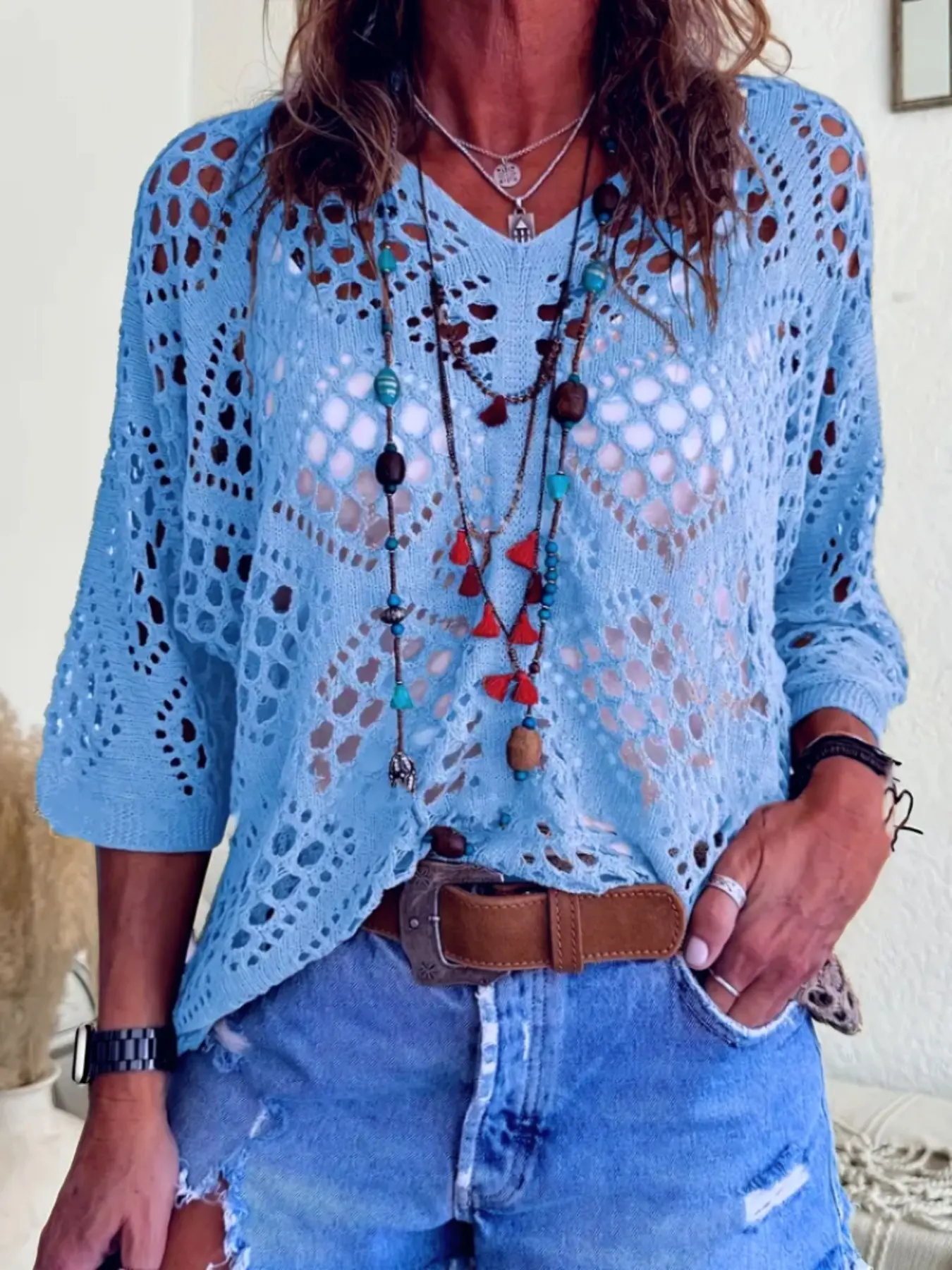Women's V Neck Batwing Sleeve Crochet Knitting Sweater, Lightweight Hollow Out Design, Perfect for Summer Vacation, Casual Basic Loose-Fit Knit Top, Knitwear