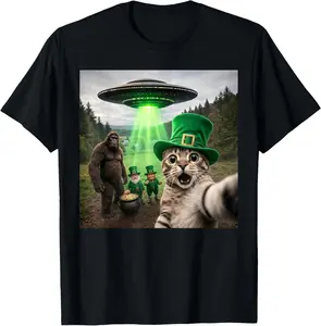 Funny St Patricks Day Cat Selfie with Leprechaun Bigfoot UFO T-Shirt