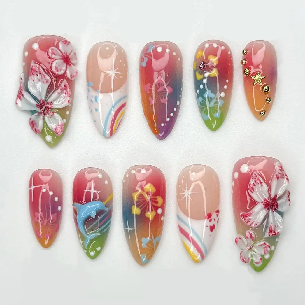 Midnight Sun Press On Nails for Y2K Lovers | Sunset Ombre Rainbow Nails with 3D Floral Art | 90s Nail Design | Artistic Press Ons