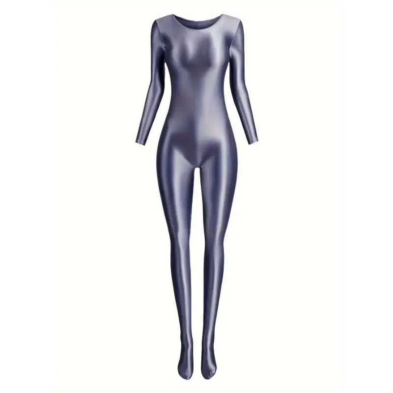Women's Long Sleeve One Piece Footed Jumpsuit Oil Shiny Glossy Bodysuit Catsuit High Elastic Wet Look Full Bodystocking