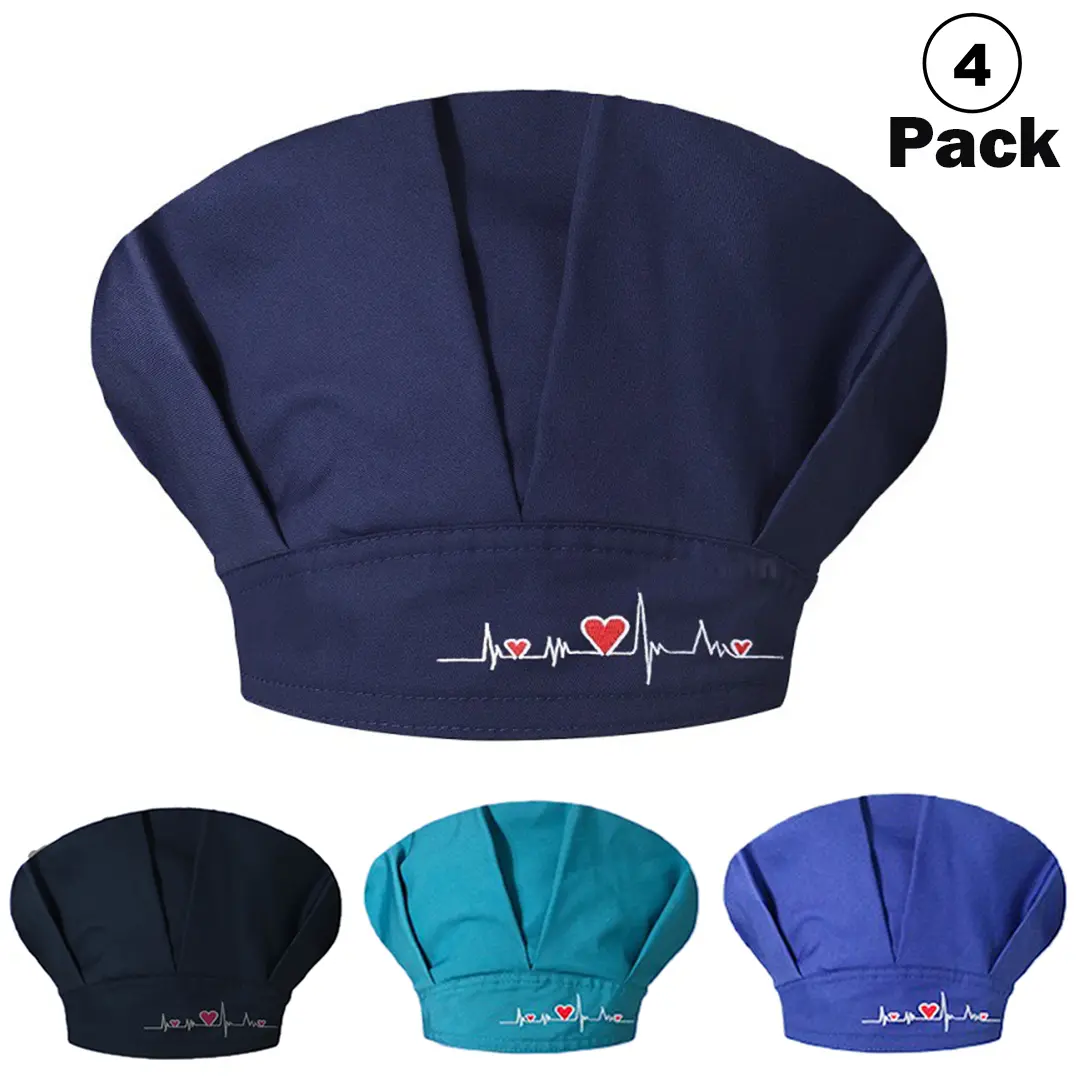 Women's 4-Pack Surgical Scrub Caps, Nurse Beanie with Buttons, Ponytail Pouch & Adjustable Tie-Back, Polyester Comfortable Fit, Navy Blue/Teal/Royal Blue, Cute Floral Print, Daily Nursing Hat for Females