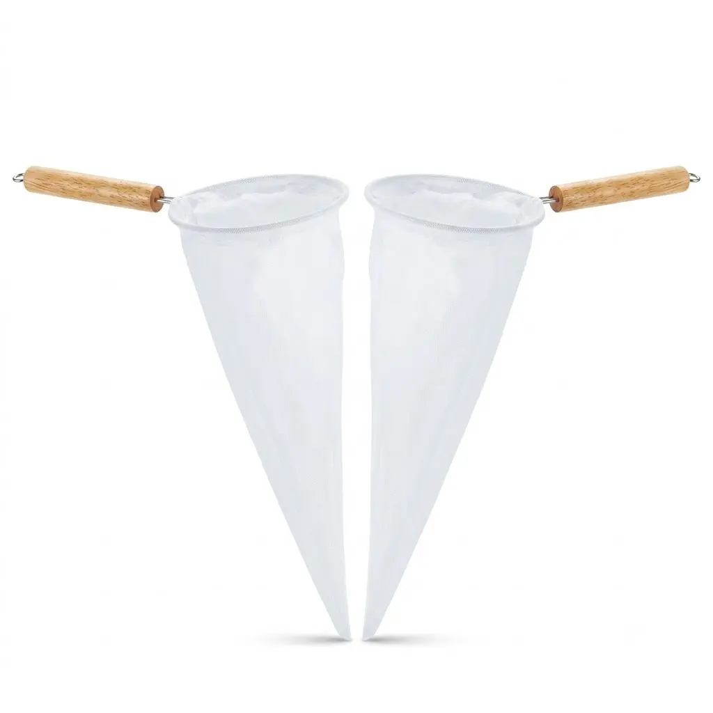 2-Pack Kitchenware Traditional Thai Mesh Coffee Filter Sock - Food-Grade Fine Cotton Blend, Chemical-Free Reusable Washable Drip Strainer, Light Wood Handle, Opening Diameter: ~4 Inches, Beverage Home Brewing Prep Tool