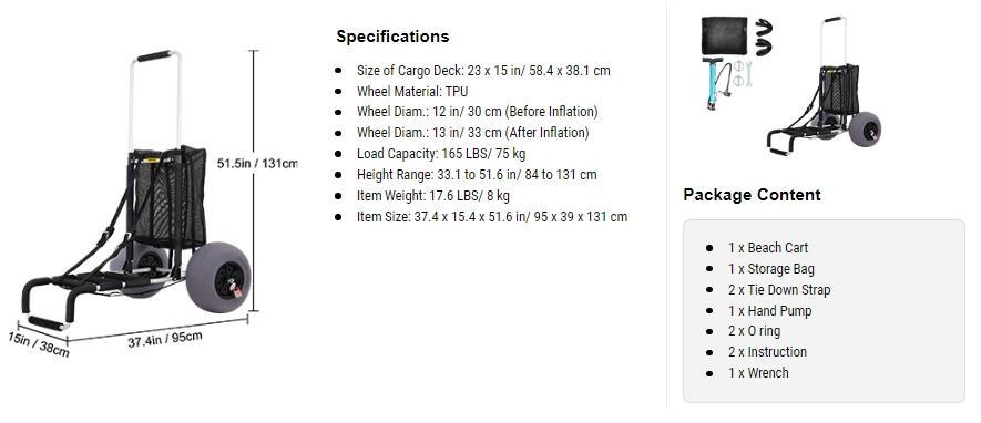 VEVOR Beach Carts for Sand, TikTokShopBlackFriday, 23" x 15" Cargo Deck, w/ 13" TPU Balloon Wheels, 165LBS Loading Folding Sand Cart & 33.1" to 51.6" Adjustable Height, Aviation Aluminum Cart for Picnic, Fishing, Beach VEVOR Beach Carts for Sand, TikTokShopBlackFriday, 23" x 15" Cargo Deck, w/ 13" TPU Balloon Wheels, 165LBS Loading Folding Sand Cart & 33.1" to 51.6" Adjustable Height, Aviation Aluminum Cart for Picnic, Fishing, Beach