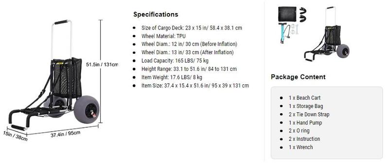 VEVOR Beach Carts for Sand, TikTokShopBlackFriday, 23" x 15" Cargo Deck, w/ 13" TPU Balloon Wheels, 165LBS Loading Folding Sand Cart & 33.1" to 51.6" Adjustable Height, Aviation Aluminum Cart for Picnic, Fishing, Beach