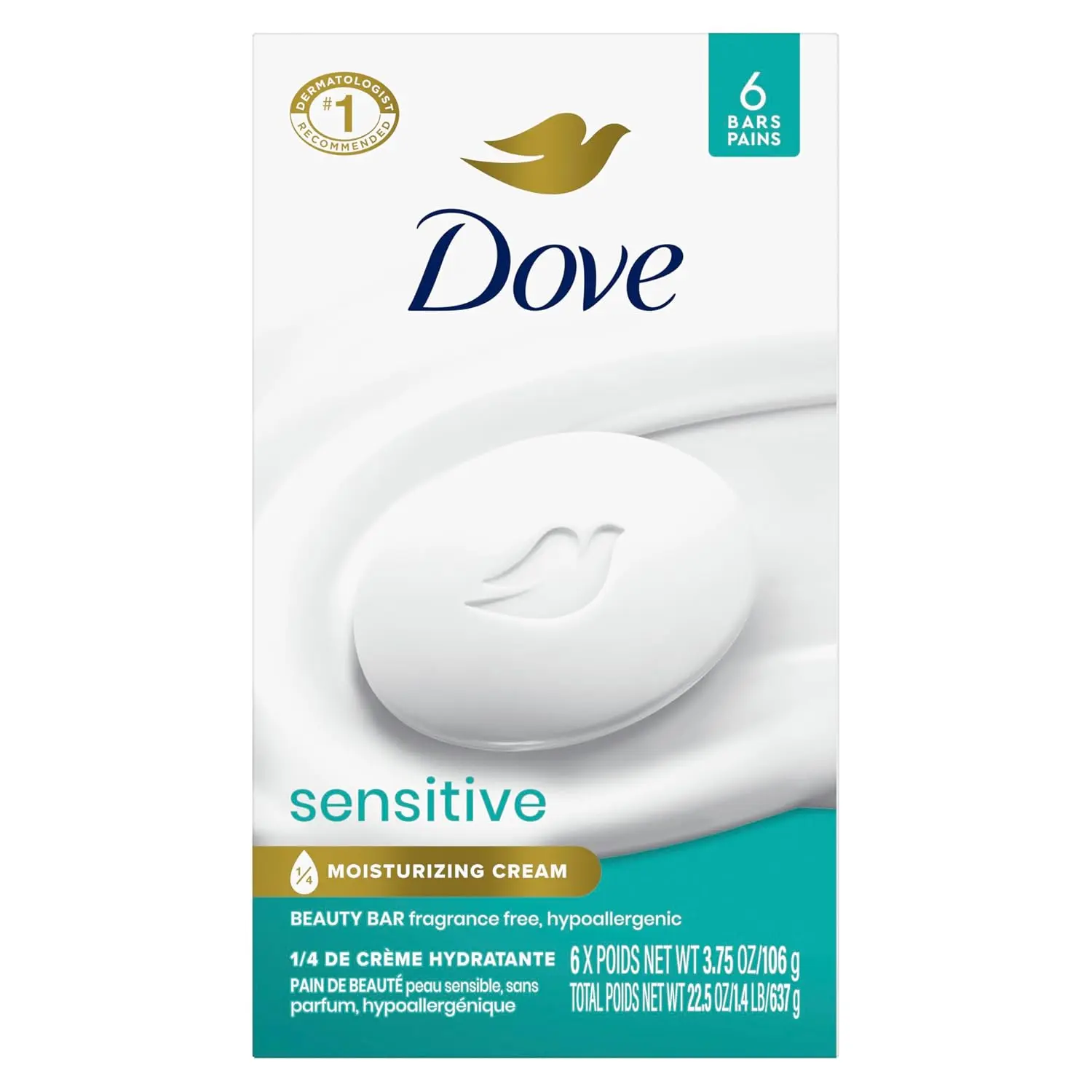 Dove Sensitive Skin Fragrance-Free Beauty Bar Cleanser Multi-Pack - 6-Count, 3.75 oz, Hypoallergenic, Gentle, Hydrating Body Care Moisturizer Soap
