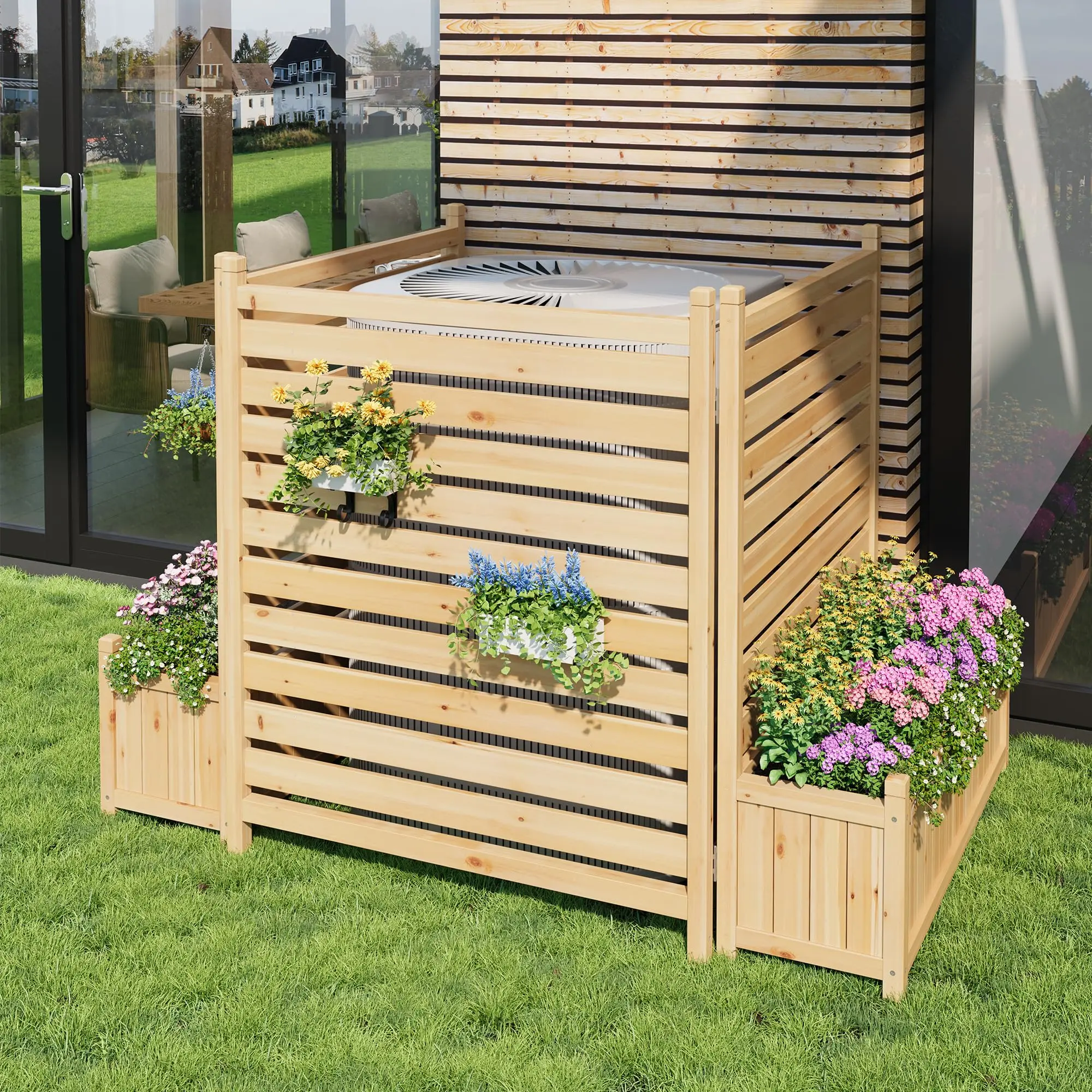 Garvee Privacy Fence Panel for Outdoor Use, 33 in W x 40 in H, with Air Conditioner Cover and Security Screens, Includes Foldable Privacy Fence with Two Side Planters, Decorative Wooden Panel for Garden and Terrace, Yellow Varnish Finish