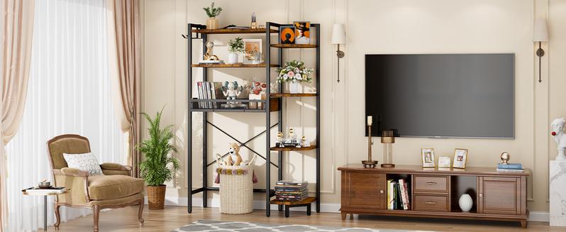 K1 Heavy Duty 7-Tier Over The Toilet Storage（With Basket and Paper Hook）Freestanding Above Toilet Shelf with Adjustable Feet，Space Saver Bathroom Shelves 9.3"D x 33.5"W x 63.8"H，Rustic Brown