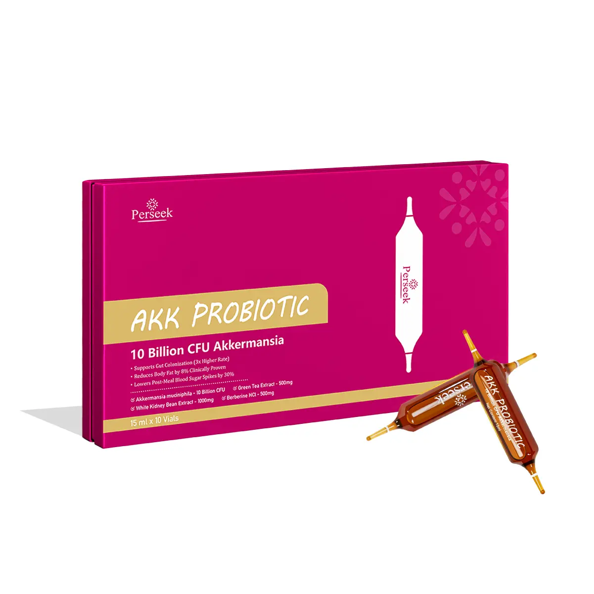 PERSEEK Absorbable Akkermansia Muciniphila Dietary Supplement - 100M CFU Probiotic with Elderberry, Berberine HCl, Green Tea Extract - Gut, Metabolic Support - Easy Administration - 15mL x 10 Vials, Absorbable Supplements, Digestive Health, Adults