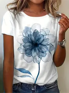 Wo Retro Blue & White Watercolor Floral T-Shirt - Soft Breathable Mid-Stretch Fabric, Short Sleeve Round Neck Casual Blouse for Daily Wear, Machine Washable Comfortable Top