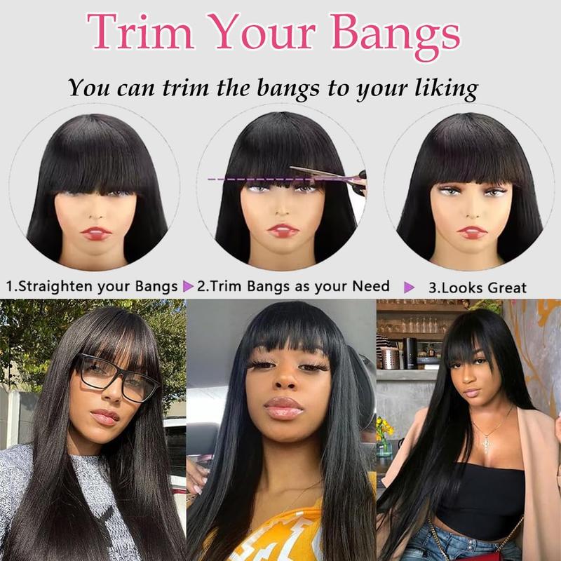 [New In]Mamushow Straight Wigs with Bangs Human Hair 2x4 Lace Wig with Drawstring 180% Density Middle Part for Black Women Glueless Machine Made Wigs