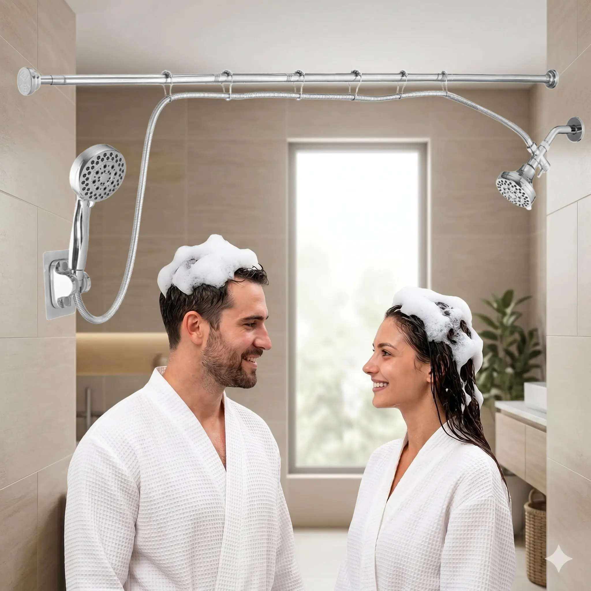 Polished Metal Chrome Dual Shower Head Combo Set - High-Pressure 5-Setting Handheld & Modernism Fixed Rain Shower, Renter-Friendly Slider Bar, 2-Person Use, Easy Wall Mount Installation, Bathroom Gadget Gift