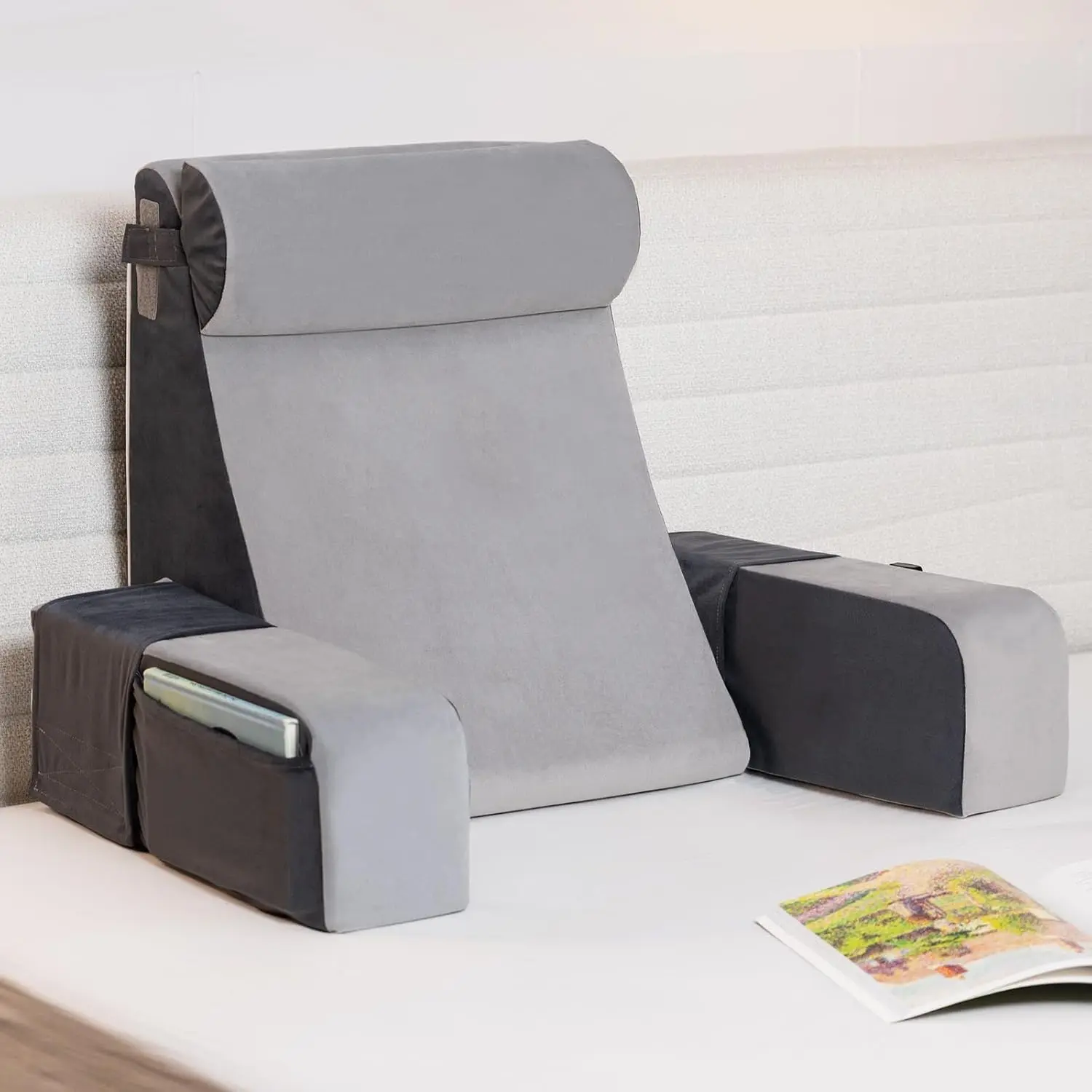 Reading Pillows for Bed ,Back Rest Pillow for Sitting Up, Bed Chair with Arms Memory Foam Comfortable Backrest Pillow for Working/Gaming/Resting in Bed&Floor