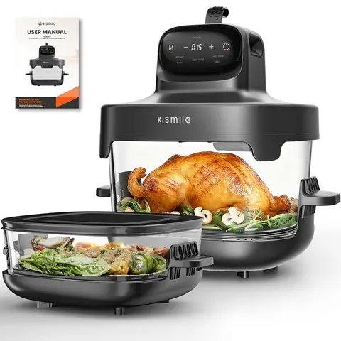 Kismile 5-in-1 Air Fryer Glass Multifunctional Cooker - 4.5QT Large Bowl, 2.6QT & 1.8QT Dual Small Bowls, 1500W Turbo Heater, DIY Temp & Time, 95% Less Oil, PFAS-Free Glass, Dishwasher Safe, Bake/Roast/Keep Warm, Dorm Countertop Kitchen Appliance