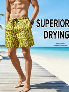 Mens Hawaiian Print Swim Shorts With Elastic Waistband And Drawstring, Relaxed Fit, Quick-Dry Fabric, Ideal For Surfing, Beach, Swimming, Christmas Gift, Local Warehouse Shipping, Vacation Summer Holiday Wear Available. Polyester Breathable Casual
