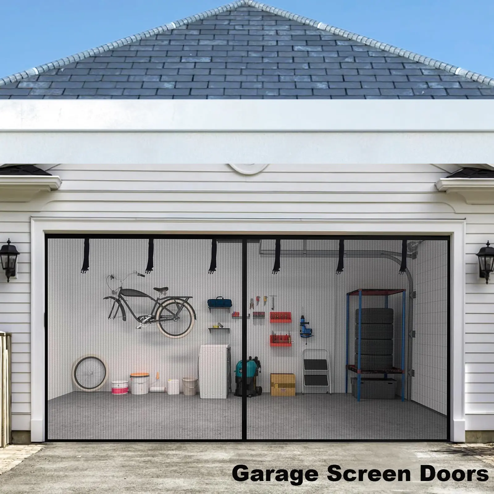 2026 New Magnetic Garage Door Screen, Hands-Free Auto Seal with 6 Roll-Up Straps, Heavy Duty Tear Resistant Mesh for Garage, Patio, Workshop, Home Gym & Sunroom
