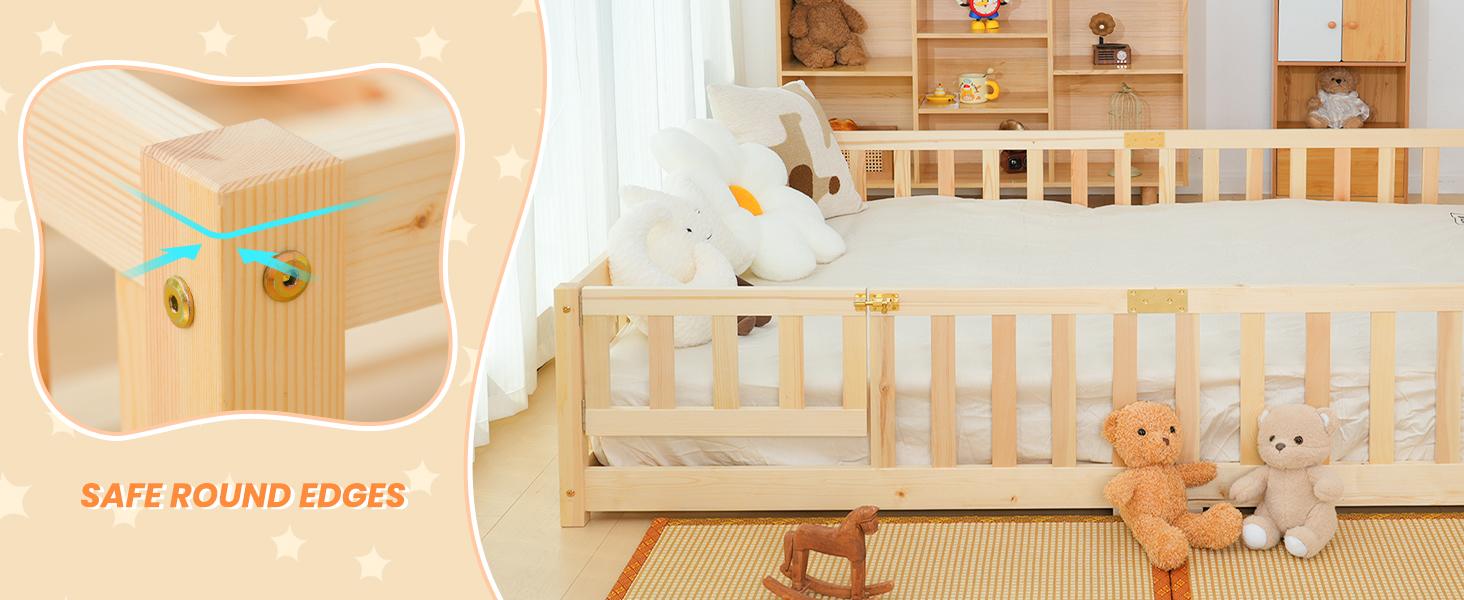Naudacaa Twin/Full Size Montessori Floor Bed for Kids Solid Wood Frame with Fence Door & Safety Guardrails CPC Certified