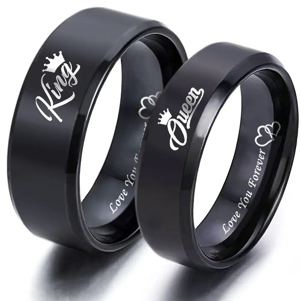 Promise Ring Set for Couples, Titanium Steel Ring Jewelry with King Queen Engraving and Heart Motif, Anniversary Husband and Wife Gifts, Rings, Couple Gifts For Adults