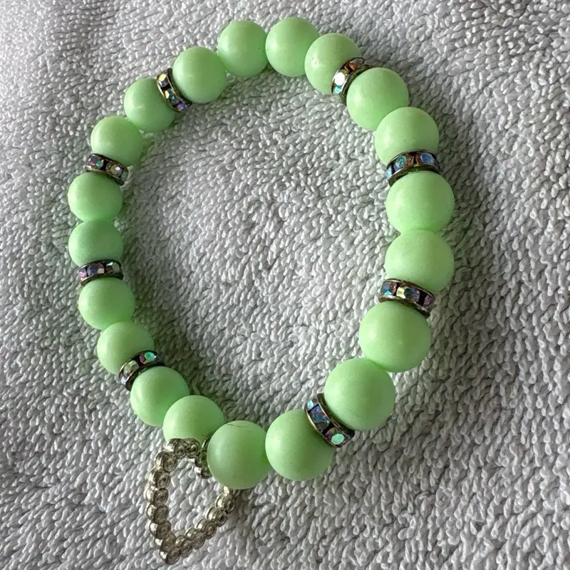 Mint Green Beaded Stretch Bracelet with Crystal Spacers & Heart Charm