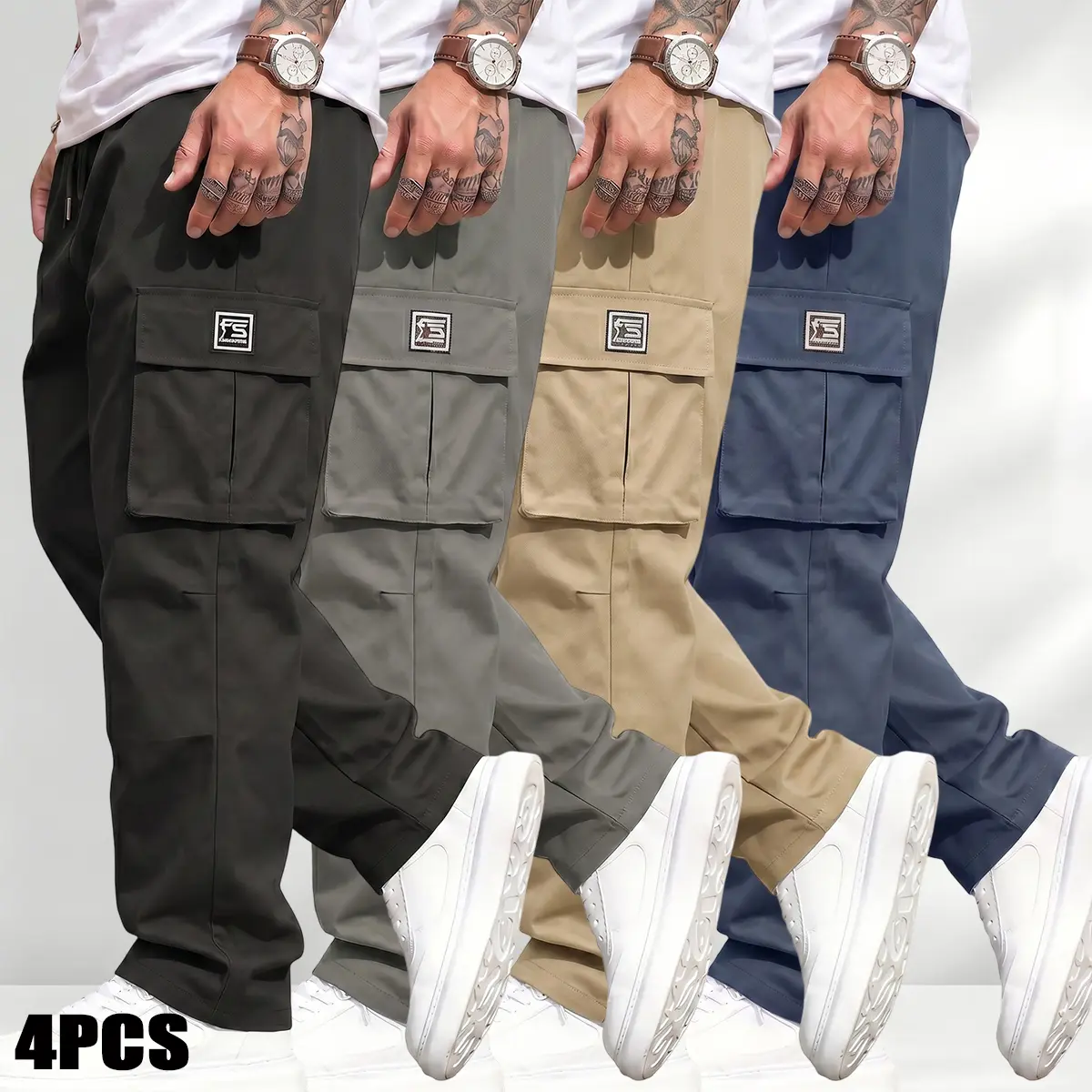 Men's Loose Fit Multi-Pocket Cargo Pants for Outdoor Wear and Hiking, Black + Gray + Khaki + Dark Blue, Casual Cargo Pants, Deep Pocket Men's Pants