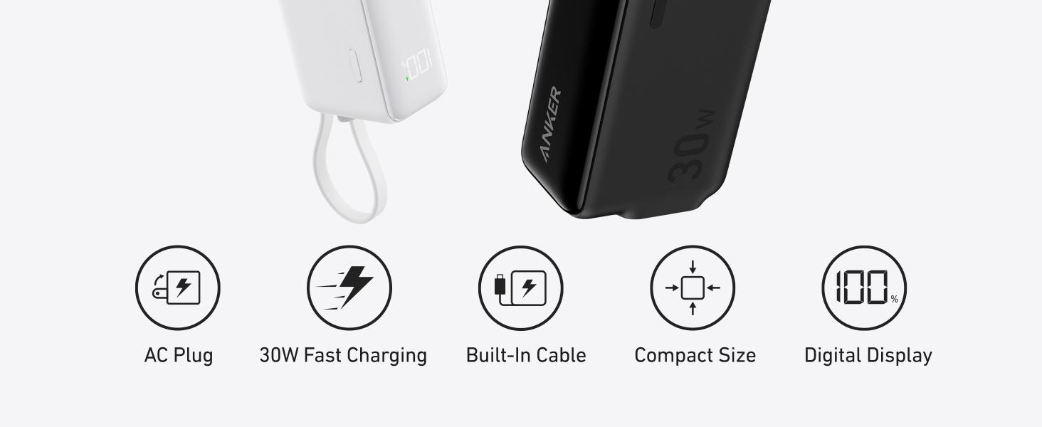 Anker 3-in-1 Power Bank, 5,000mAh Portable Charger with Built-In Cable and Foldable Plug, 30W Battery Pack, For iPhone 15 Series, MacBook, and More