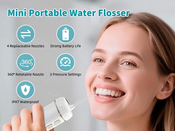 Hibbent Portable Cordless Water Flosser, Mini Oral Irrigator with 3 Modes & 4 Jet Tips, IPX7 Waterproof Rechargeable Travel Electric Dental Flosser for Braces Care, Sensitive Teeth, Orthodontic