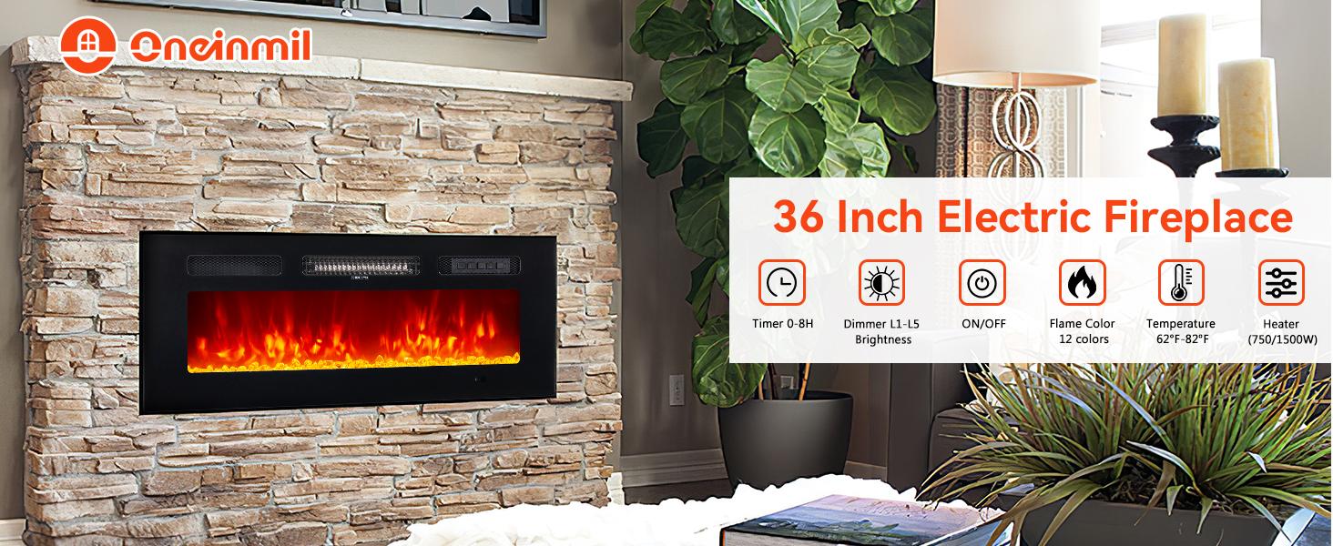 【Adjustable Flame Fireplace only】oneinmil DIY Electric Fireplace Insert，1500W Wall Mounted & Recessed Fireplace, Freestanding Fireplace Heater with Remote & Touch Panel Control,Adjustable Flame Effect, 8H Timer for Indoor use