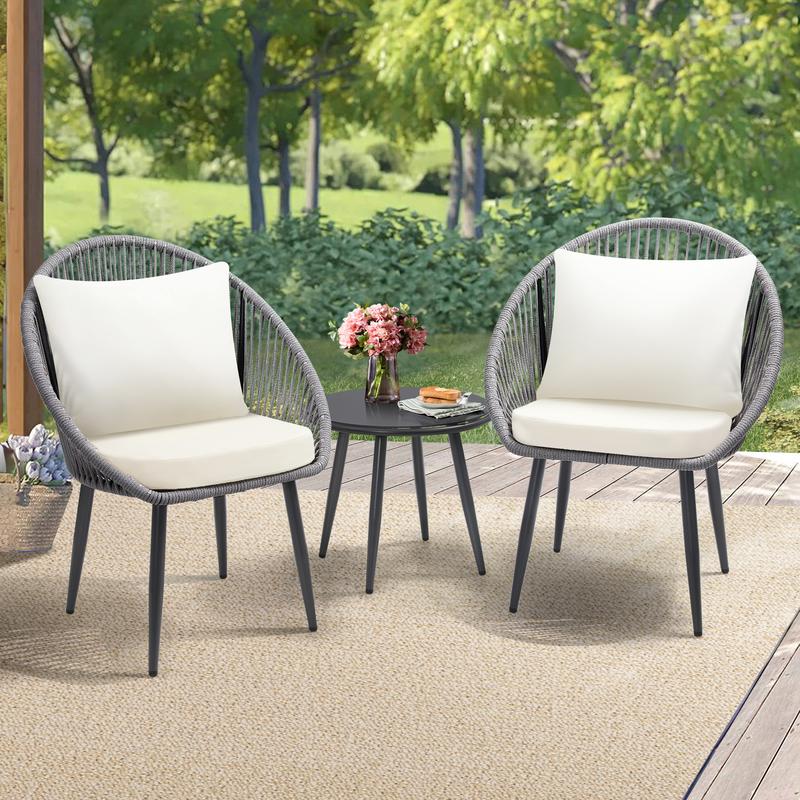 3-Piece All-Weather Bistro Set – Woven Rope Chairs with Cushions & Side Table, Modern Black Patio Set for Balcony, Poolside & Outdoor Lounging