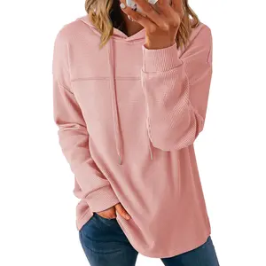 Chouyatou Women's Knitted Waffle Hoodie Casual Colorblock Hooded Top Long Sleeve Drawstring Pullover Lightweight Sweatshirt