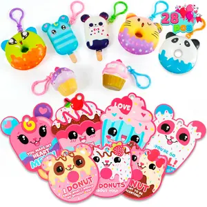 28Pcs&30pcs Dessert Squishy Toys Keychains with Kids Valentines Cards for Classroom Exchange Gifts 2025 Valentine Exchange Cards  Various decorations are available for selection.