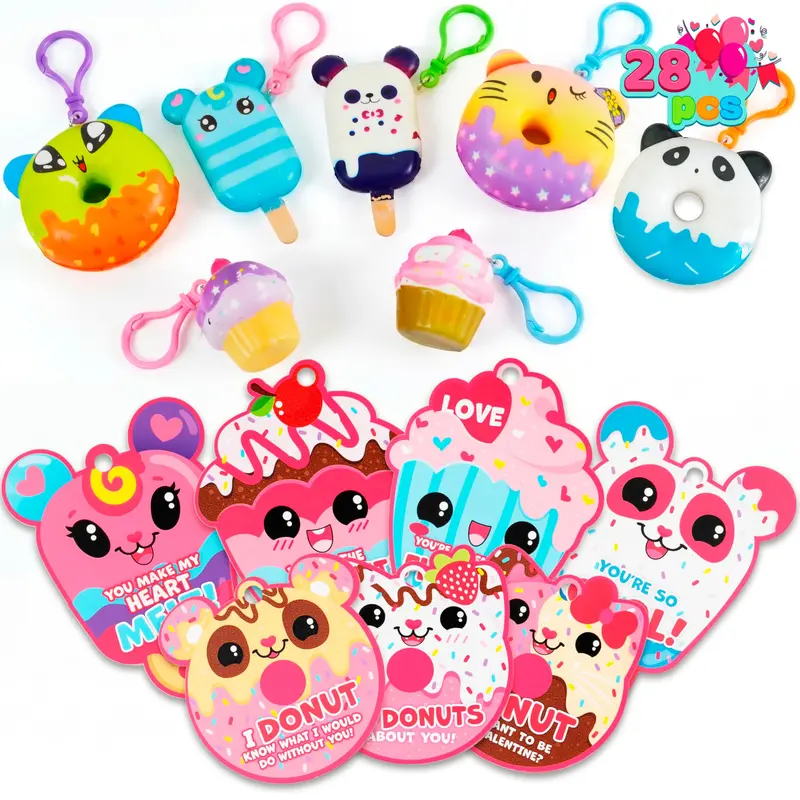 28Pcs&30pcs Dessert Squishy Toys Keychains with Kids Valentines Cards for Classroom Exchange Gifts 2025 Valentine Exchange Cards Various decorations are available for selection.