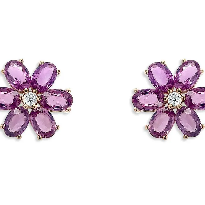 Oval Flower & Diamond Stud Earrings – 18k Gold