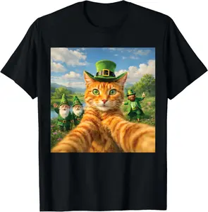 Cotton Funny St Patricks Day Cat Selfie with Leprechaun TShirt