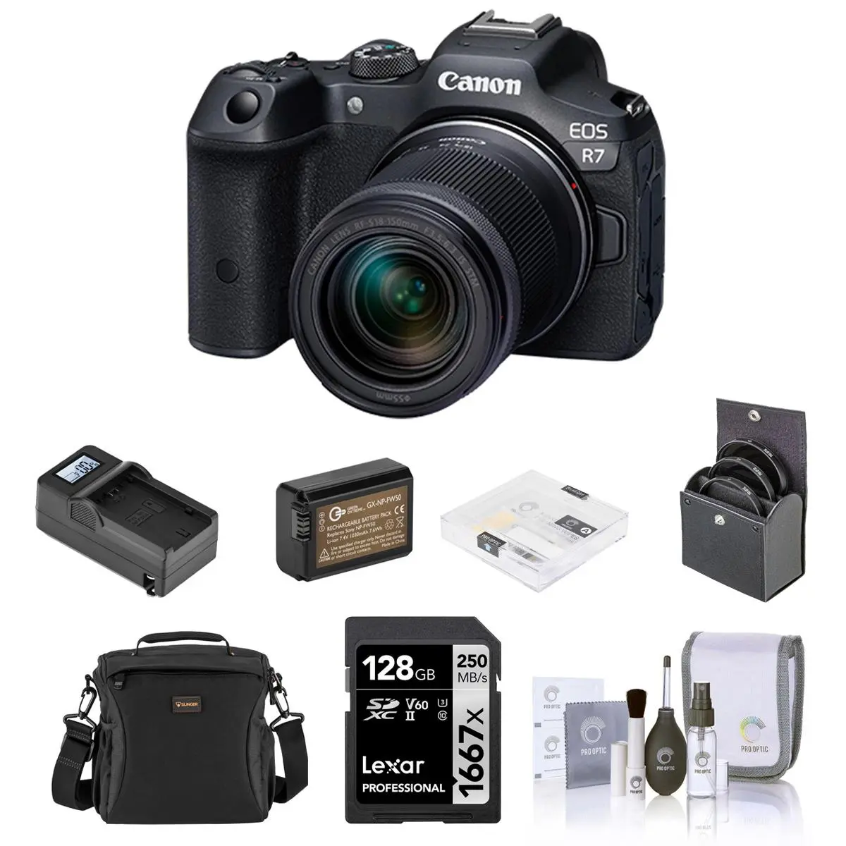 Canon EOS R7 Handheld Digital Mirrorless Camera with RF-S 18-150mm f/3.5-6.3 Lens, CMOS Sensor, Image Stabilizer, Bundle: Extra Battery, Smart Charger, 128GB Memory Card, Shoulder Bag, 55mm Filter Kit, Screen Protector, Cleaning Kit