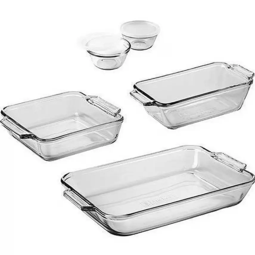 5-Piece Tempered Glass Bakeware Set - 1.5-Qt Loaf Pan, 8-Inch Cake Pan, 4.8-Qt Rectangle Dish, 2 Custard Cups with Lids - Oven Safe to 425°F, Microwave & Dishwasher Safe, Rectangle/Cup