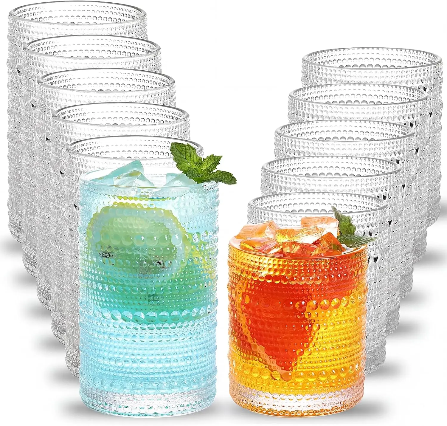 Hobnail Drinking Glasses Set of 12,10 Oz Cocktail Glasses Vintage Glassware, Textured Glass Cups Bubble Glasses Water Glasses Old Fashion Jupiter Glasses Set