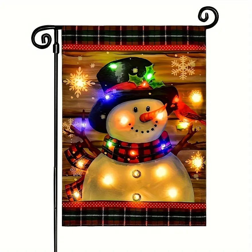 An enchanting winter garden flag featuring a charming snowman, measuring 12X18 inches, is designed specifically for outdoor yard decoration; it boasts a double-sided design and is crafted from durable polyester.