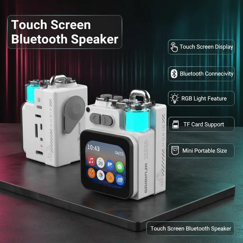 YLW GAMINJA Touch Screen Display App BT Smart Speaker With RGB Light Alarm Message TF Card Mini Portable Metal Wireless Speaker Adjustable Rotatable Electronic Audio Compact Audio Compact