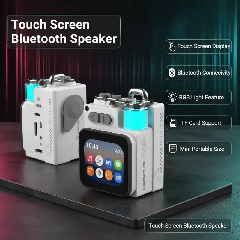 YLW GAMINJA Touch Screen Display App BT Smart Speaker With RGB Light Alarm Message TF Card Mini Portable Metal Wireless Speaker Adjustable Rotatable Electronic Audio Compact Audio Compact