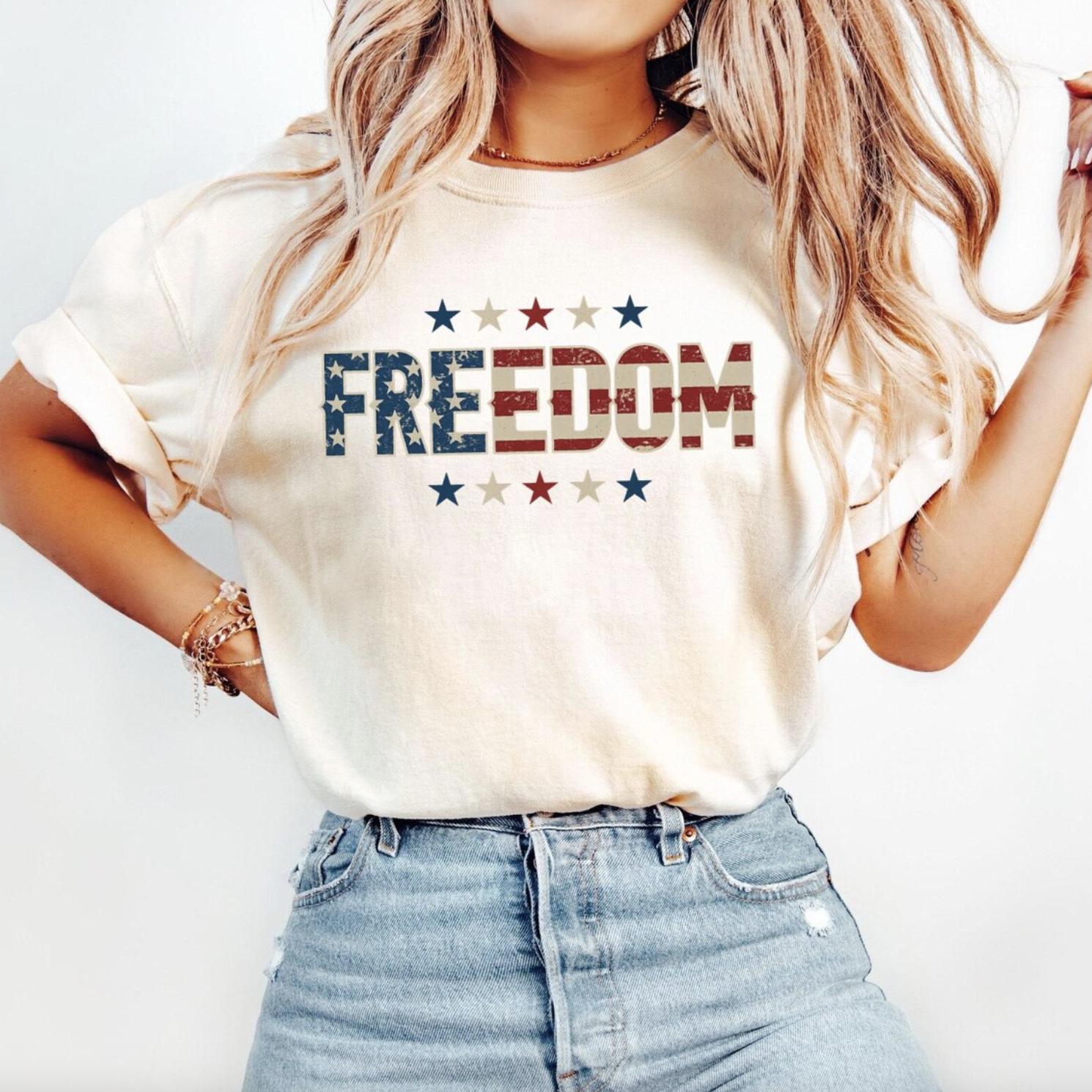 Freedom T-Shirt, American Flag Distressed Letters Tee, Patriotic Shirt, USA Stars Stripes Sweater, 4th of July Gifts, USA Hoodie, Unisex Tee For Her