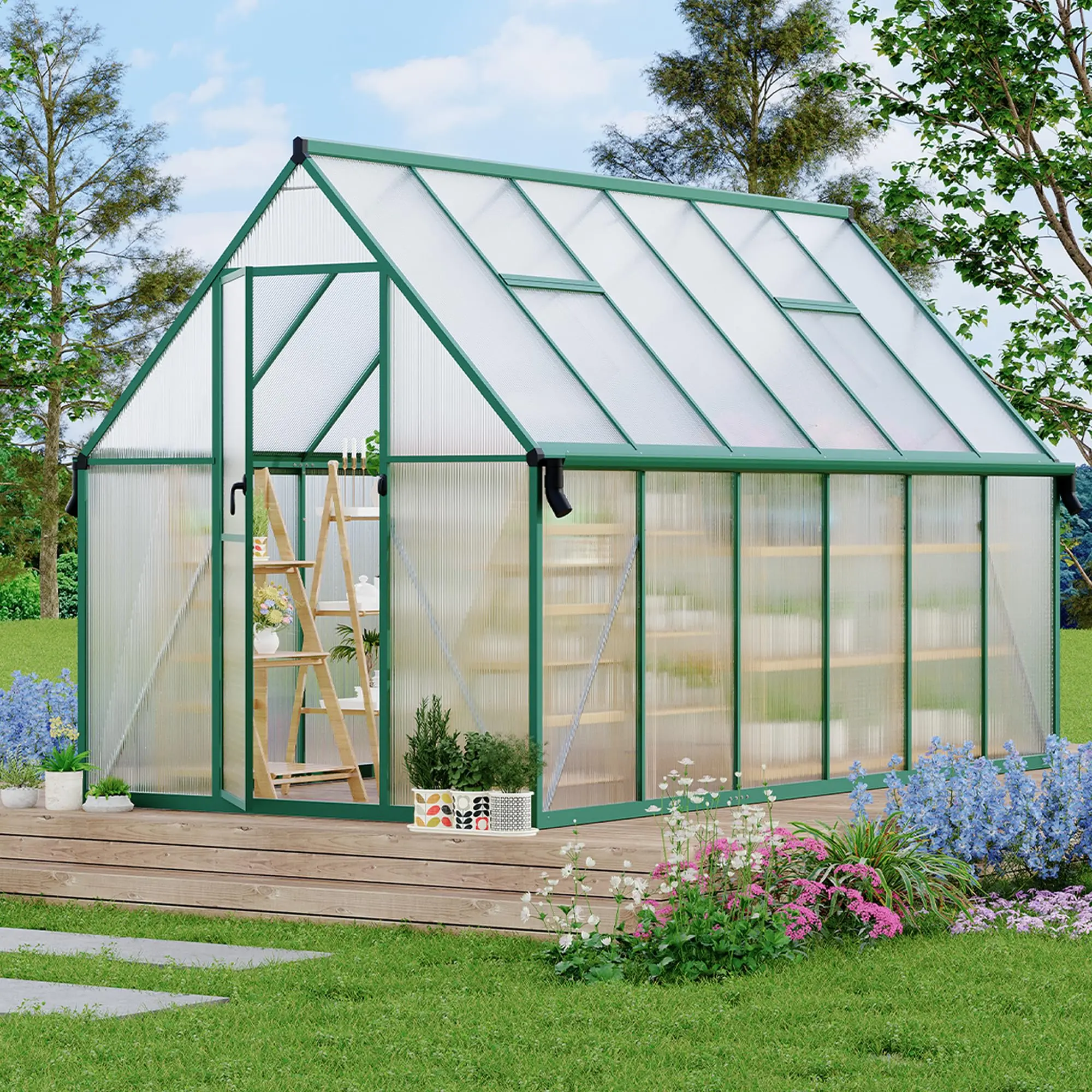 8'X12' Aluminum-Framed Polycarbonate Greenhouse, Heavy Duty Polycarbonate Greenhouse with Quick Setup Structure and Roof Vent, Large Enhanced Aluminum Greenhouses Kit for Outdoors-A